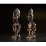 Yoruba -Nigeria Pair of Ibeji twins.Hard wood with clear patina, fiber beads and pigments.Small de