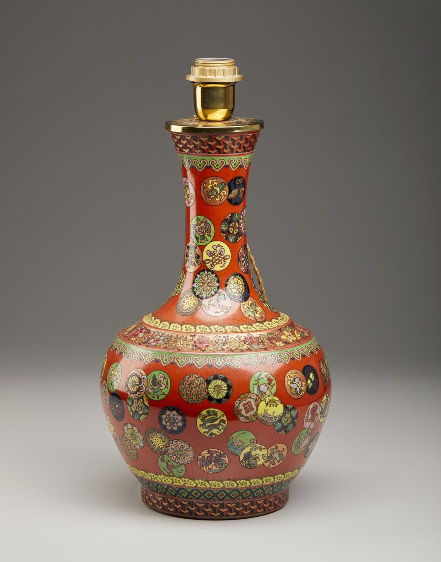 A polychrome porcelain bottle vase China, 20th century Enamelled with auspicious symbols within - Image 2 of 4