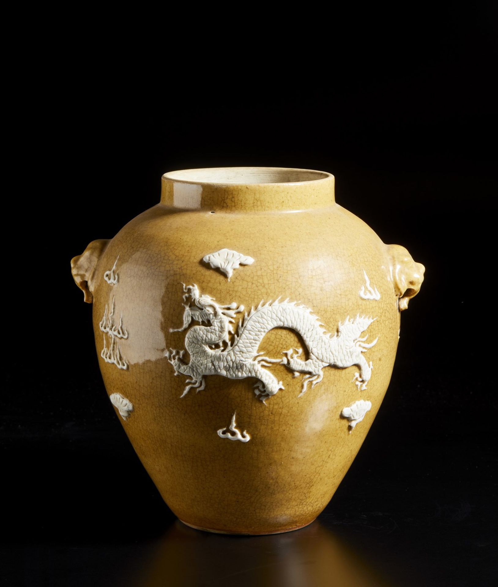 A beige glazed porcelain vase with relief decoration China, Qing dynasty, 19th century Cm 28,00 x