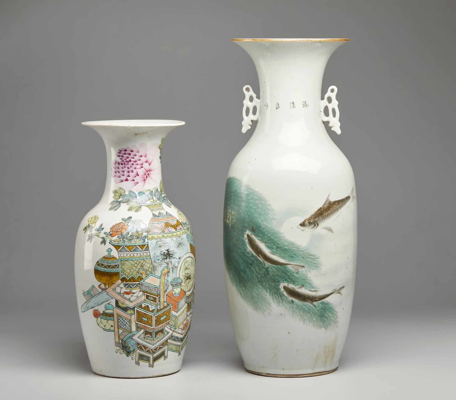 A pair of porcelain baluster vases with polychrome decoration China, first half 20th century