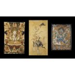 A group of two thangkas and a silk embroidered fabric Nepal and China, 19th-20th century