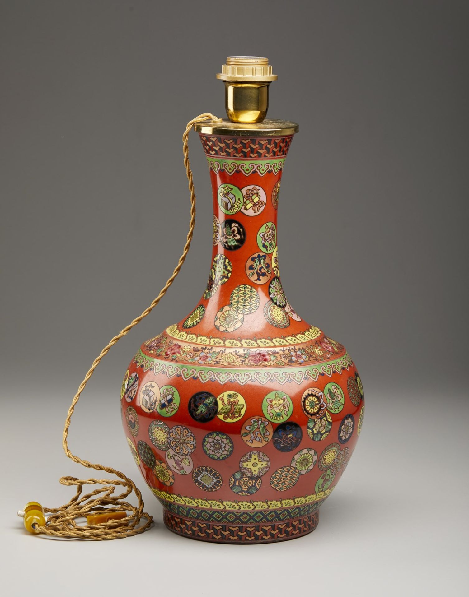 A polychrome porcelain bottle vase China, 20th century Enamelled with auspicious symbols within - Image 3 of 4