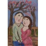 Dora Holzhandler (British 1928-2015), Loving Couple, oil on board, signed, 23 x 15 cm Provenance: