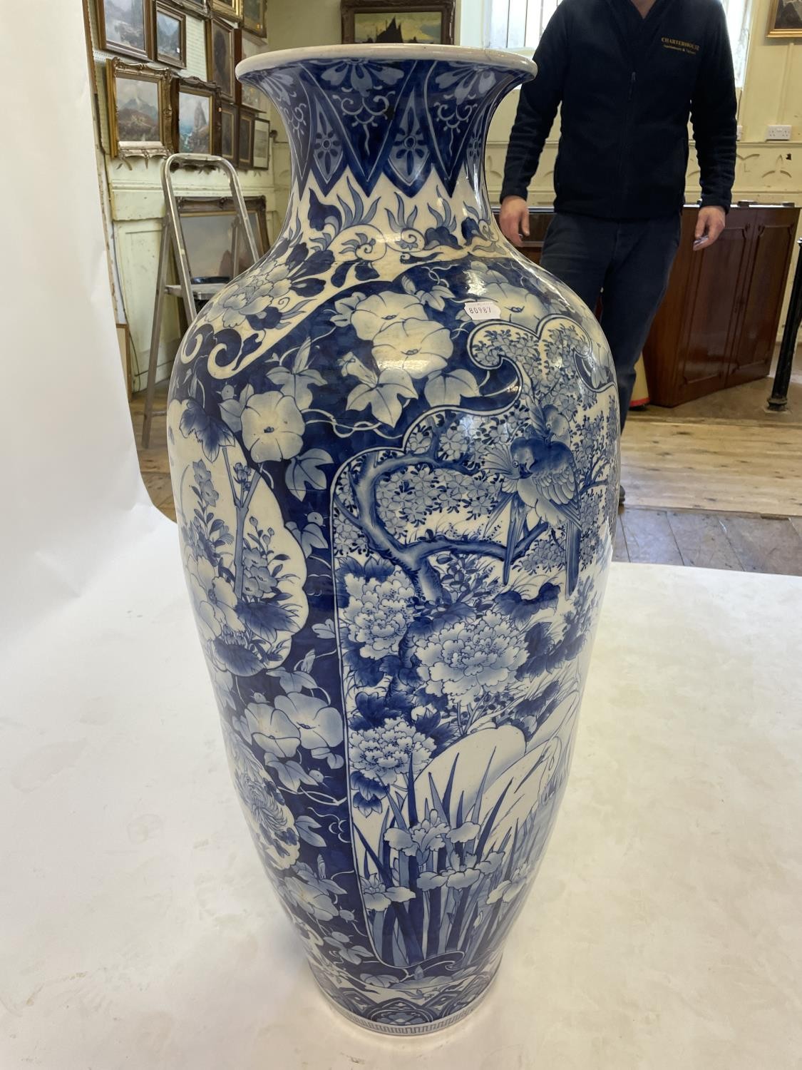 A large Japanese floor standing vase, of baluster form, decorated storks, Iris and other foliage, - Image 2 of 18