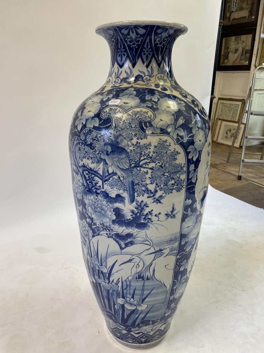 A large Japanese floor standing vase, of baluster form, decorated storks, Iris and other foliage, - Image 18 of 18