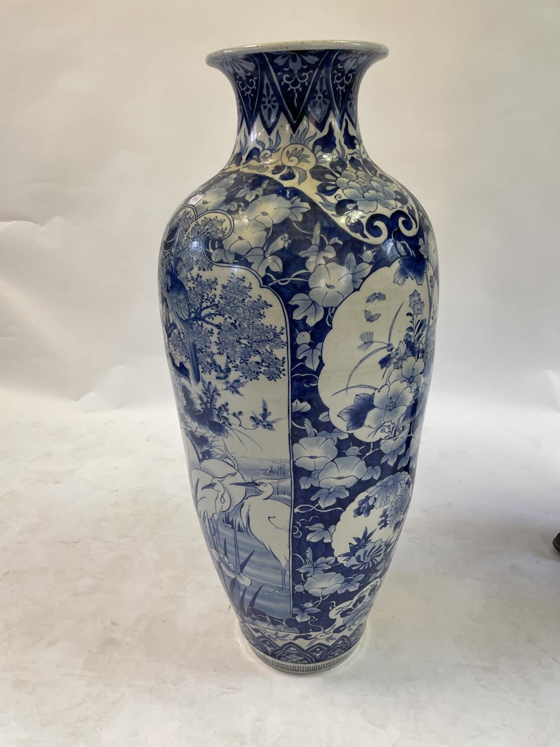 A large Japanese floor standing vase, of baluster form, decorated storks, Iris and other foliage, - Image 17 of 18