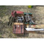 Assorted leather panniers, exhausts, handlebars and items Being sold without reserve