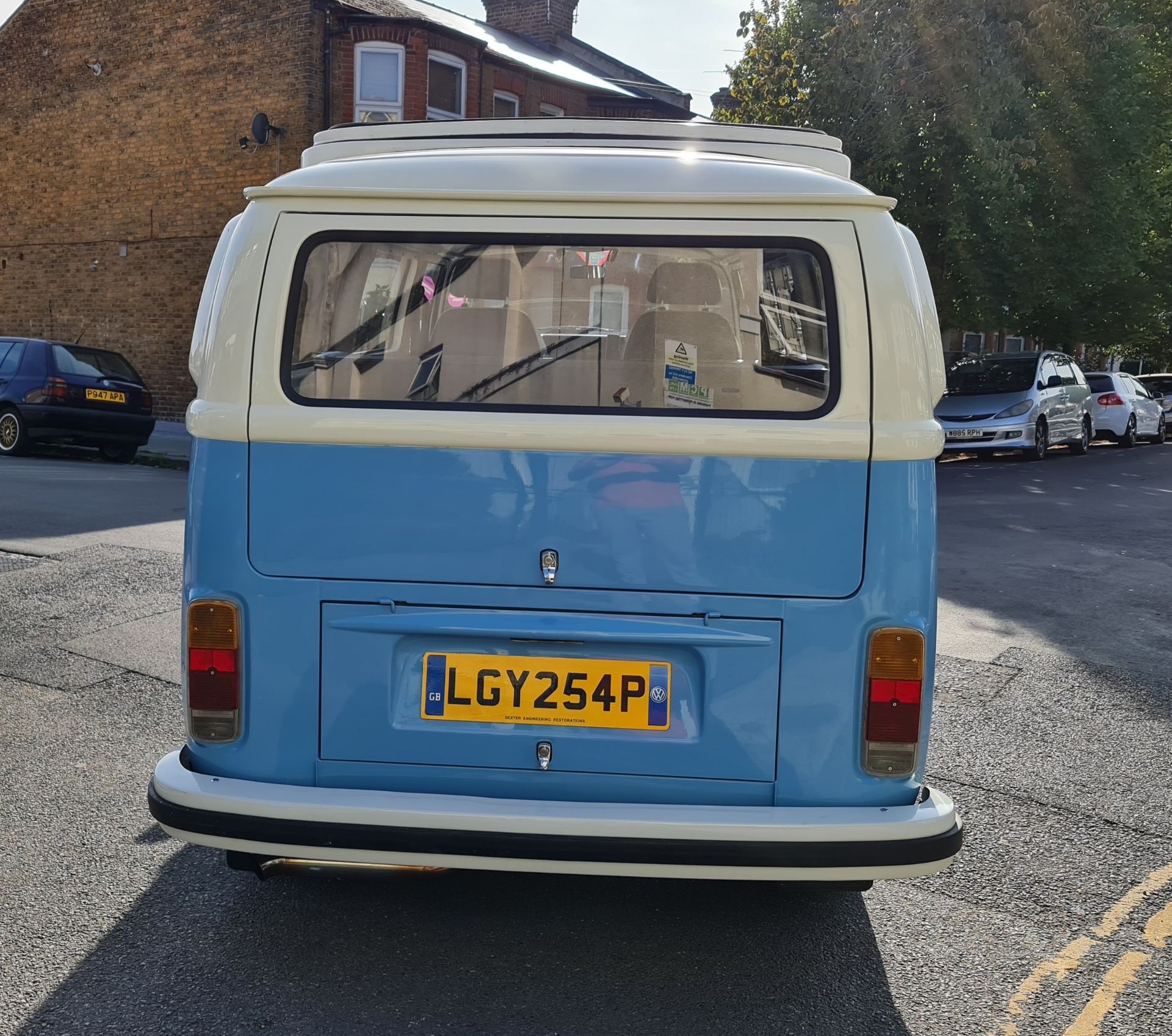 1976 VW Late Bay Window Camper Van Registration number LGY 254P White over blue with blue interior - Image 4 of 11