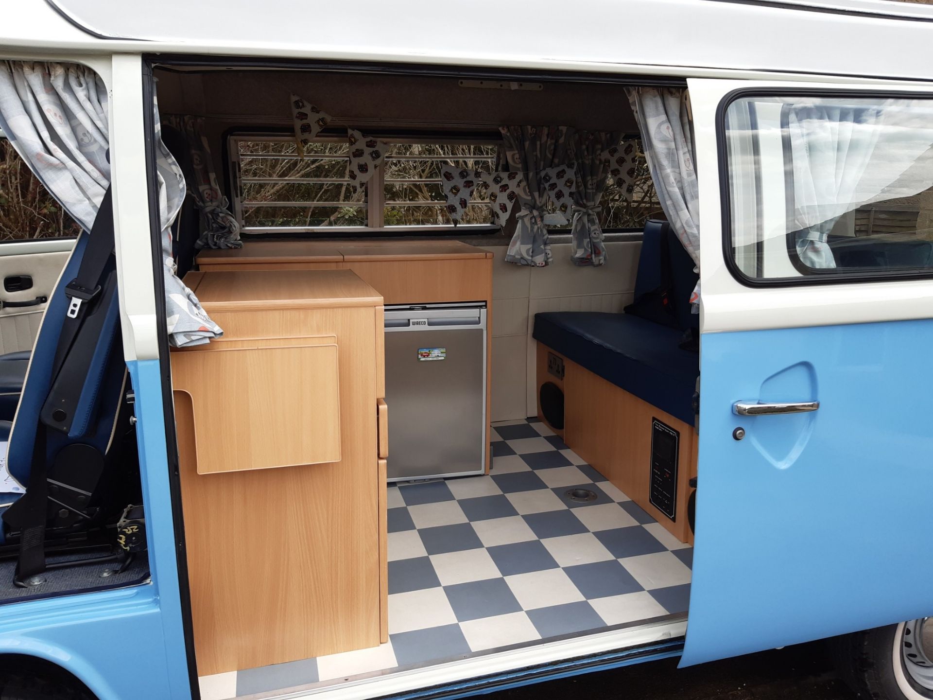 1976 VW Late Bay Window Camper Van Registration number LGY 254P White over blue with blue interior - Image 11 of 11