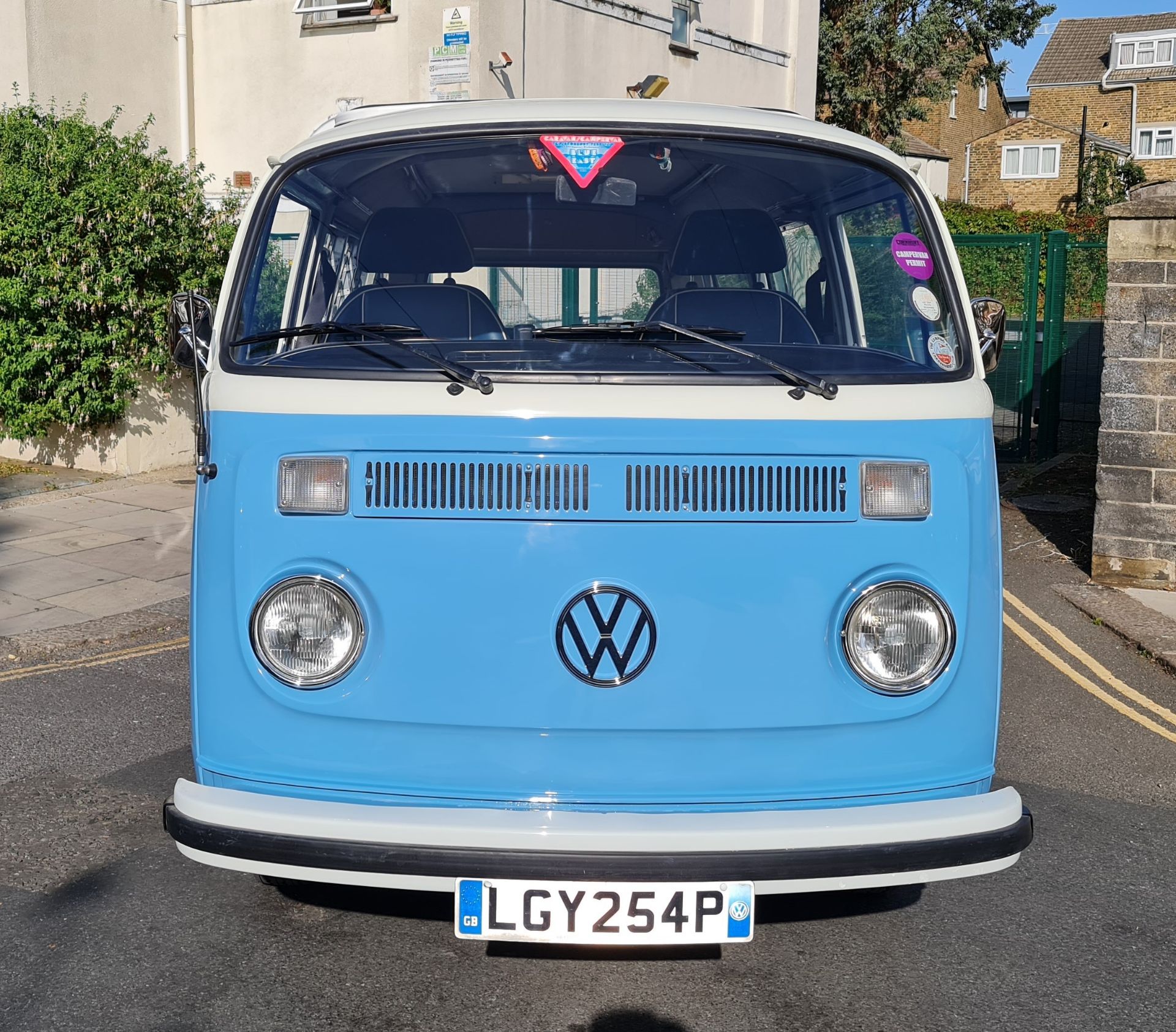 1976 VW Late Bay Window Camper Van Registration number LGY 254P White over blue with blue interior - Image 3 of 11