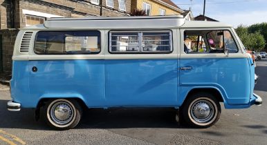 1976 VW Late Bay Window Camper Van Registration number LGY 254P White over blue with blue interior