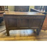 An 18th century oak coffer, 111 cm wide Various dents, staining etc, top slightly split, later