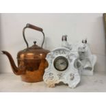 A pair of Staffordshire flatback figures, a copper kettle and assorted items (4 boxes)