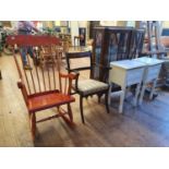 A pair of painted bedside tables, 40 cm wide, a set of six dining chairs, a rocking chair, a display