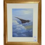 Patricia Forrest, Above The Clouds, Concorde in flight, gouache, signed, 33 x 24 cm