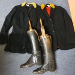 A pair of leather riding boots, with wooden stretchers and two hunting jackets (4)