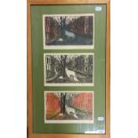 D C Campbell, a set of three prints, canal scenes, framed as one Each print is 16 x 25 cm, some