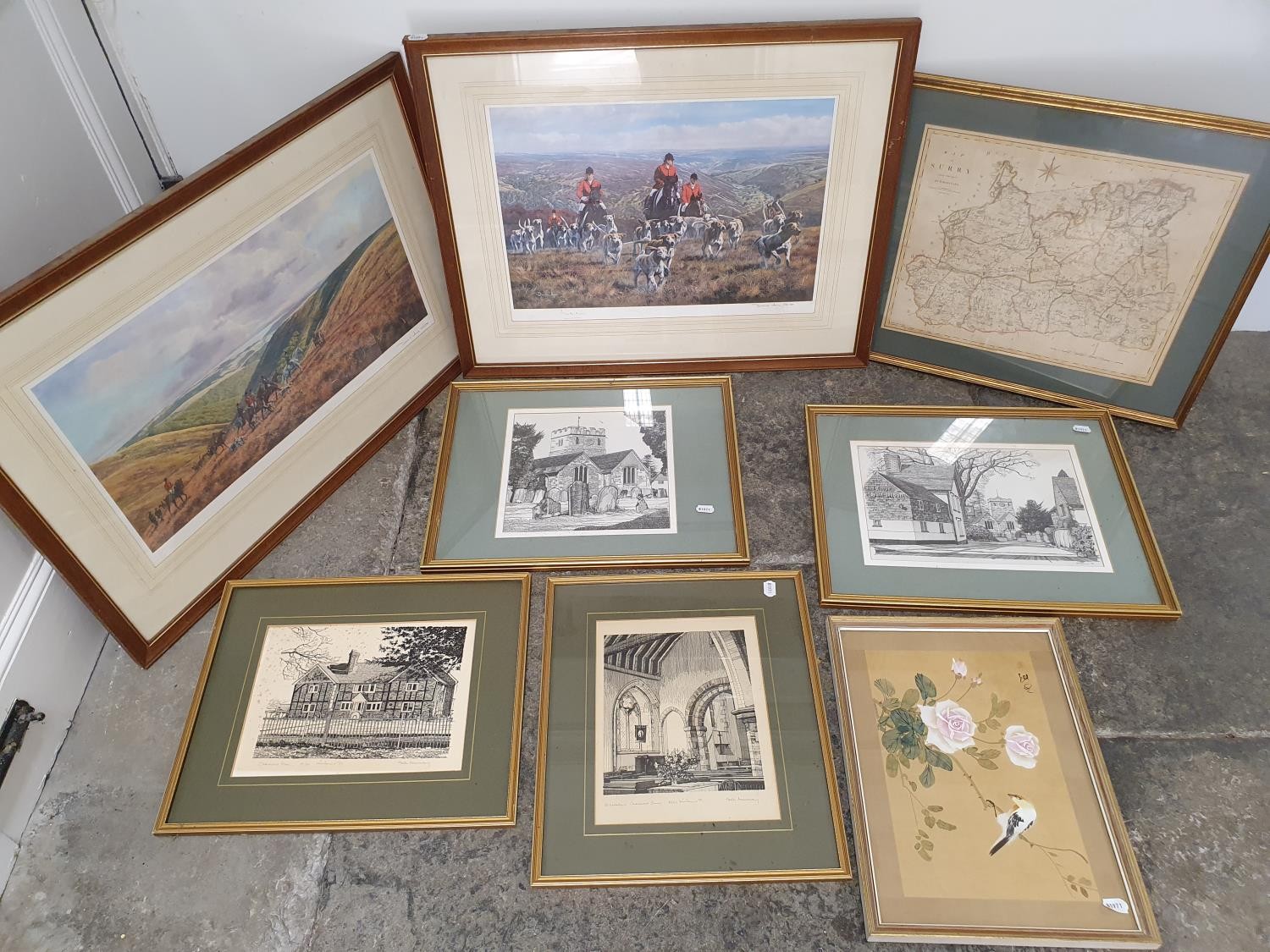 A hunting print, 35 x 69 cm, and assorted pictures and prints (qty)
