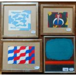 Hawkins, abstract, mixed media, 23 x 19 cm, and three contemporary prints (4)