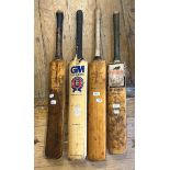 A Gunn & Moore cricket bat with signatures, and three vintage cricket bats (4)