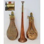 A Victorian basket weave powder flask, 20 cm, another similar and a copper hunting horn (3)