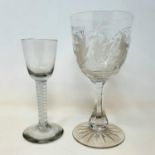 A cordial glass, with a double cotton twist stem, 15.5 cm high, and a Victorian cut and etched