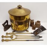 A brass coal bucket, assorted fire irons, and assorted metalwares (box)