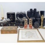 A Canon FTb SLR Camera, various lenses, a pair of binoculars, assorted prints, metalwarea, and other