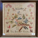 A 19th century sampler, decorated birds, signed Ruth Smith, 38 x 40 cm Some wear and various