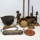 A cast iron cauldron, three brass pans and other metalwares (box)