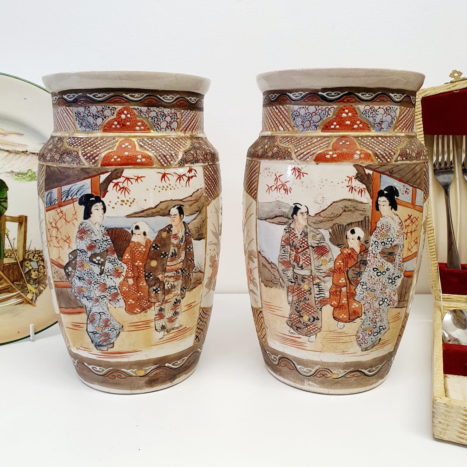 A pair of Satsuma vases, 24 cm high, a Royal Doulton Dickens ware plate, titled Sydney Carton, and a