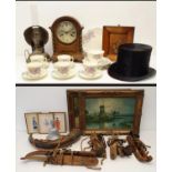 A silk top hat, an oak clock, pictures and other items (2 boxes)