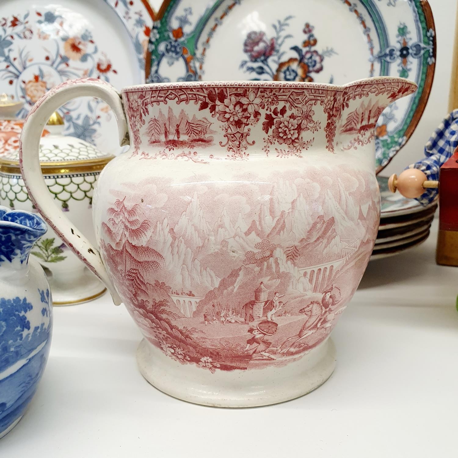 A 19th century red and white jug, decorated hunting scene with an elephant, a blue and white - Image 4 of 8