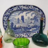 A blue and white meat plate, 46 cm wide, a green glass decanter, and assorted ceramics (box)