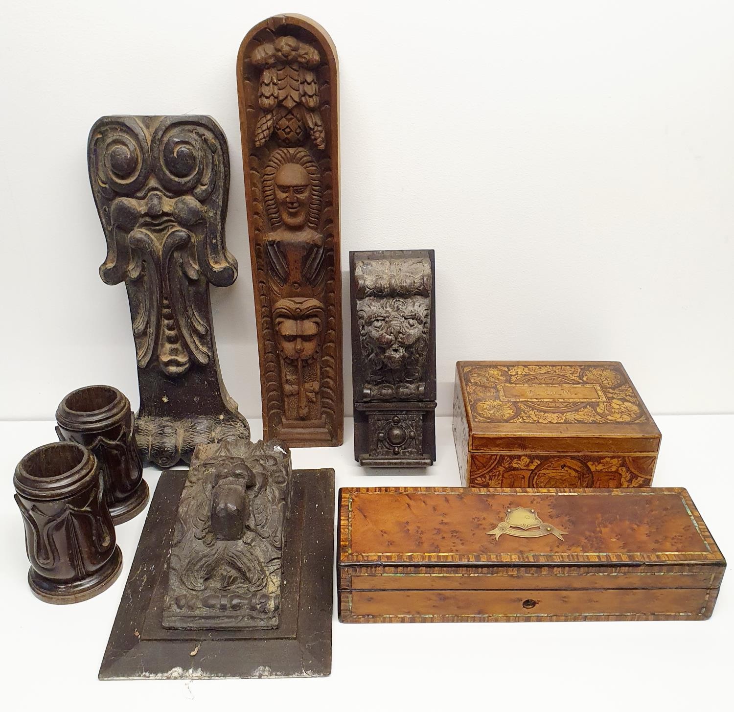 A pair of carved moldings, decorated lions, and assorted treen (box)