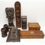 A pair of carved moldings, decorated lions, and assorted treen (box)