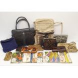 Assorted handbags, and cigarette cards (box)