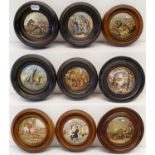 A group of assorted pot lids, mostly framed, and five Prattware type plates (box)