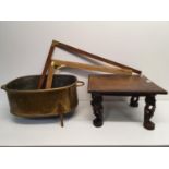 A brass and copper oval pan, 56 cm wide, two sewing machines, and assorted other items (11)