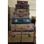 A cabin trunk, 90 cm wide, a leather suitcase, assorted suitcases and four prints (11)