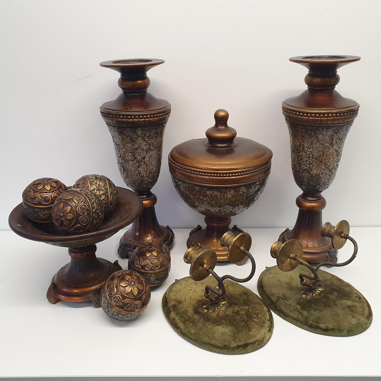 An oak and pewter chamberstick, a pair of wall lights, a modern set of urns, and assorted items ( - Image 3 of 4