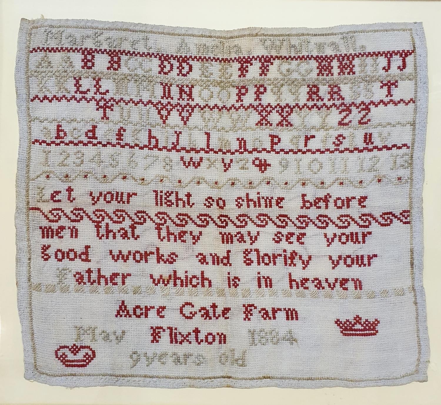 A 19th century sampler, by May Flixton, aged 9, dated 1884, 30 x 35 cm