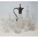 A cut glass and silver plated claret jug, and assorted glassware (3 boxes)