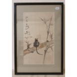 A Chinese print of a mouse, a print of a sampler, and two other prints, and other items, and a