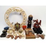 A painted ceiling light, an African style figure, and assorted other items (qty)