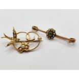 A 15ct gold, seed pearl and peridot bar brooch, 2.1 g (all in), and a similar brooch, applied a bird