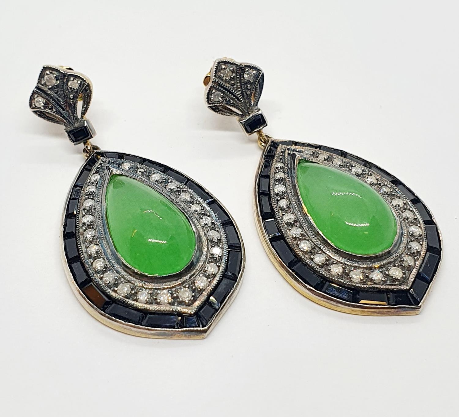 A pair of 9ct gold, jadeite and diamond drop earrings