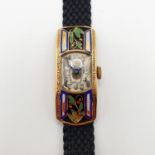 An Art Deco 9ct gold and enamel ladies wristwatch, on later cloth strap,