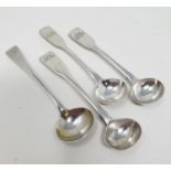 A pair of George IV silver fiddle pattern salt spoons, London 1821, and two other Georgian salt