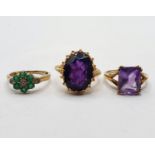 ***WITHDRAWN***A 9ct gold and amethyst ring, ring size M, and two other rings (3)